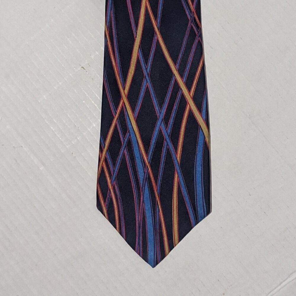 Hardy Amies London 100% Silk Tie Navy Multicolor Geometric Stripe Pattern - Picture 4 of 6